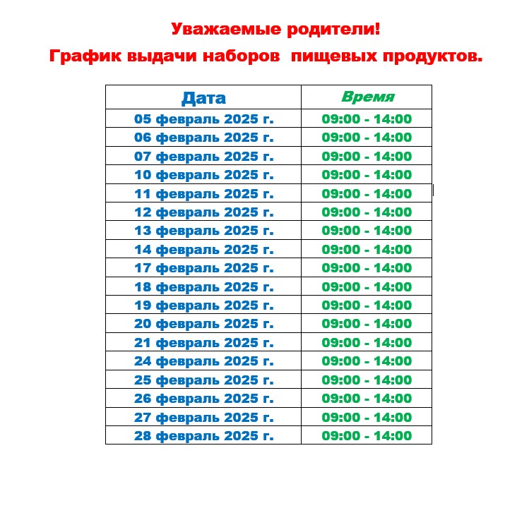 График выдачи наборов пищевых продуктов.